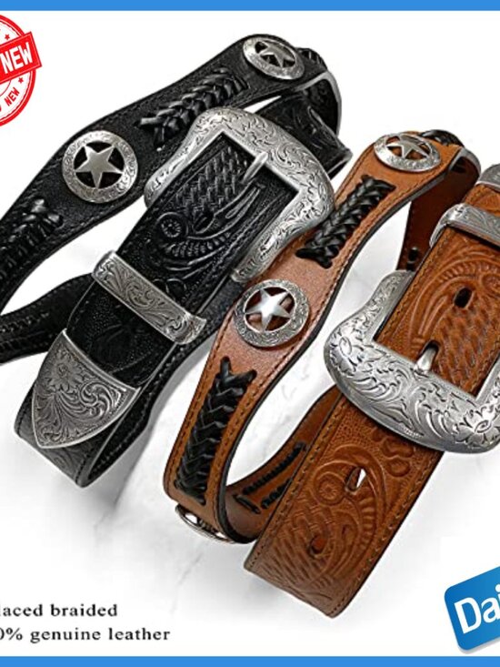 Genuine Leather Western Belt with Star Conchos Braided Design Size 38 main image 4